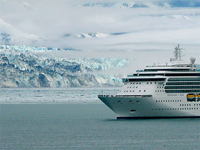 Alaska cruise ship sailing past glaciers